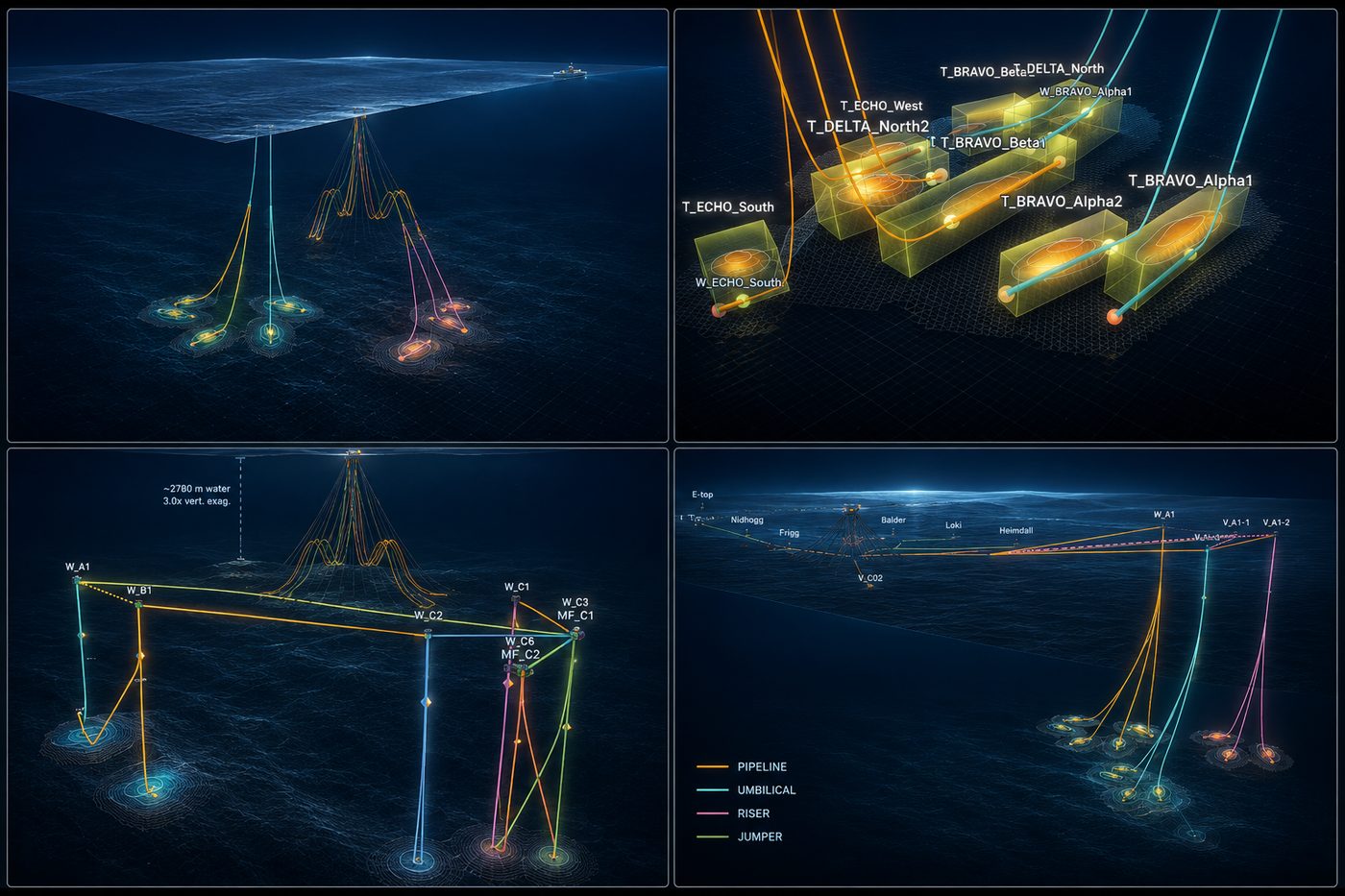 Four views of one solved development: the field in place, the drainage bodies each well is assigned to, the flowline network, and the regional infrastructure it ties into.